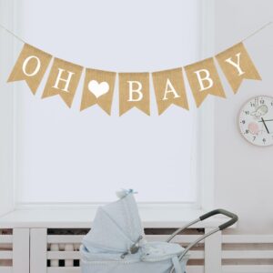 Prestrung Oh Baby Burlap Banner Sign - Baby Shower Decorations - Neutral Gender Reveal Party Decor for Girl Boy