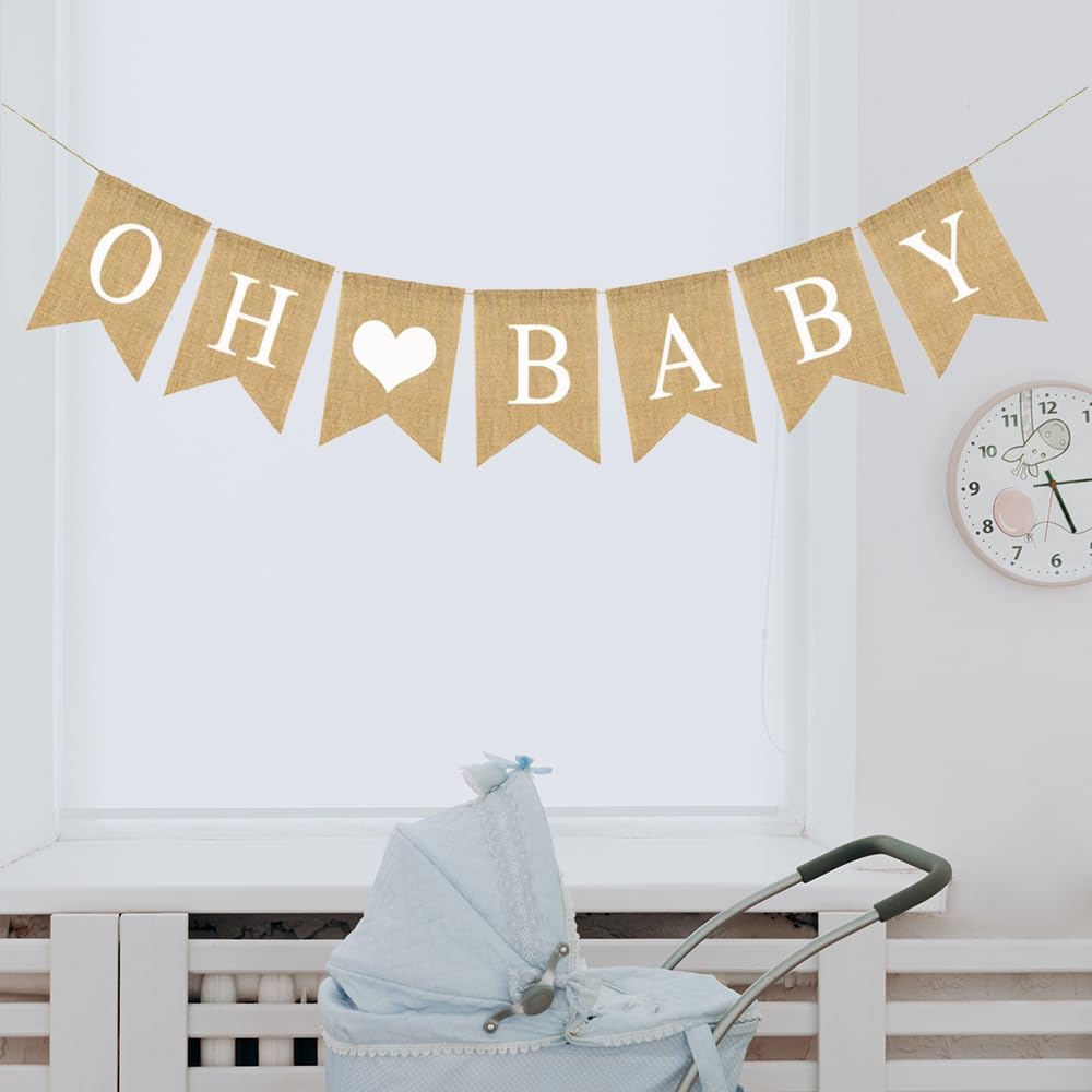 Prestrung Oh Baby Burlap Banner Sign - Baby Shower Decorations - Neutral Gender Reveal Party Decor for Girl Boy