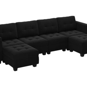 Belffin Modern U Shaped Modular Sectional Sofa with Storage Seats, 6 Seats Sleeper Couch with Reversible Chaise, Modular Oversized Sectional with Ottomans, Black