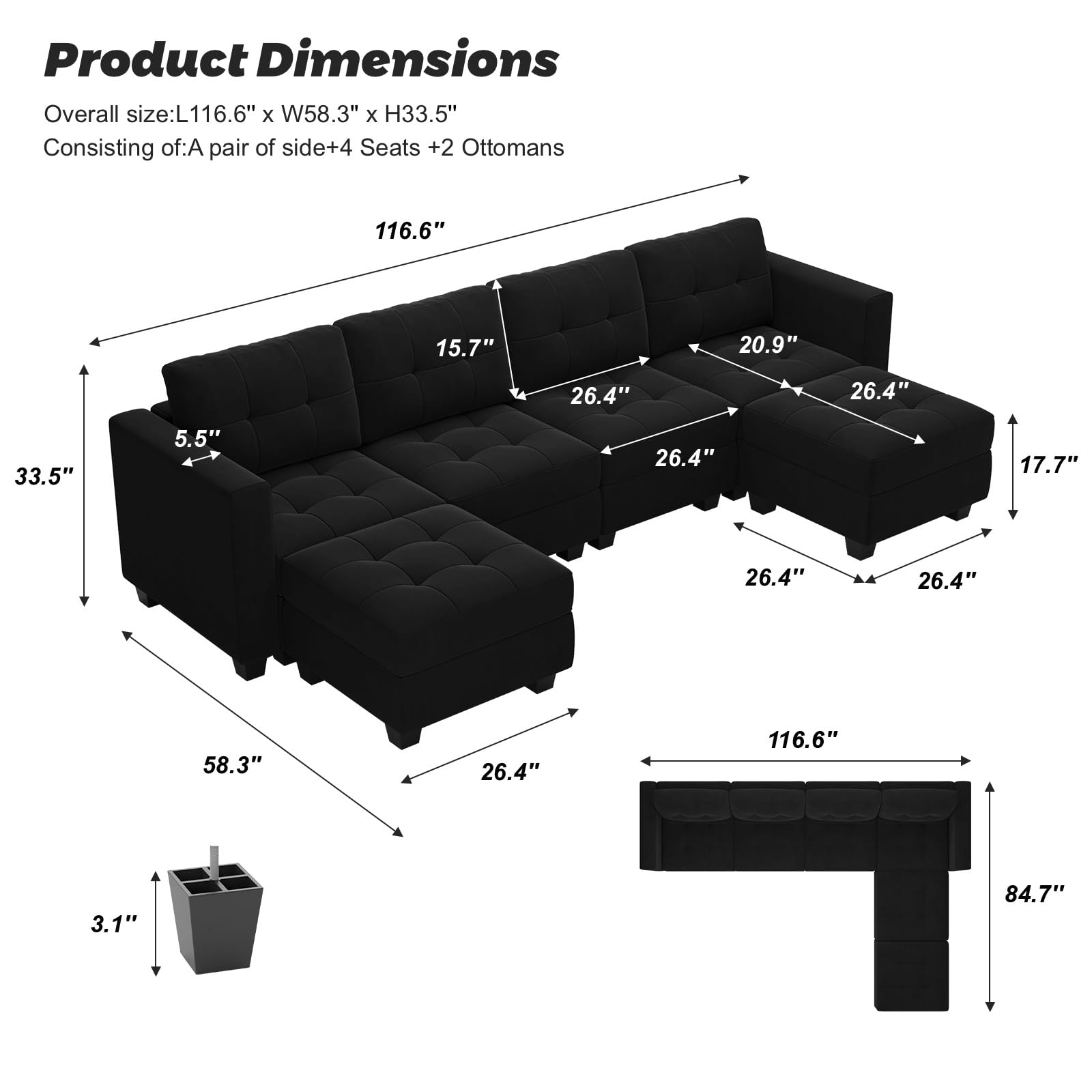 Belffin Modern U Shaped Modular Sectional Sofa with Storage Seats, 6 Seats Sleeper Couch with Reversible Chaise, Modular Oversized Sectional with Ottomans, Black