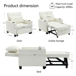 3-in-1 Sleeper Sofa Chair Bed with Pull Out Sleeper and USB Ports Featuring Cup Holder, Black Teddy ArmchairIdeal for Apartment Living and Home Office (Faux Leather, White)