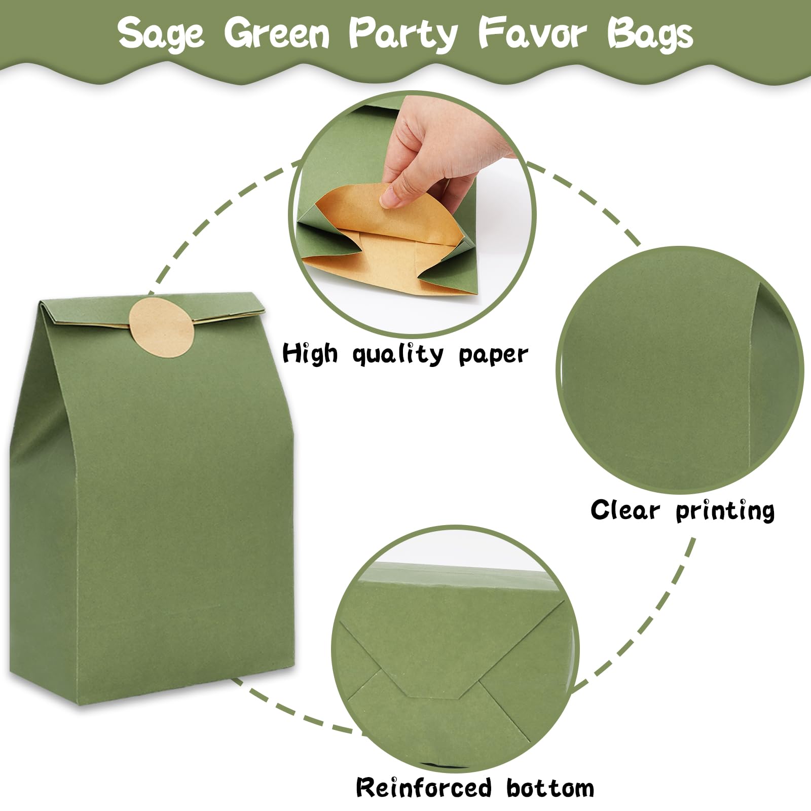 Whaline 24Pcs Sage Green Party Favor Bags Kraft Paper Gift Bags with Stickers Goodie Candy Treat Bags for Wedding Baby Shower Birthday Party Gift Wrap Supplies