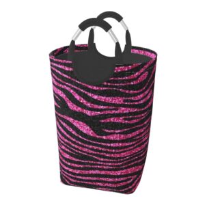 large laundry hamper, pink and black zebra print bling faux glitter laundry basket collapsible & waterproof storage basket for college dorm, family essentials