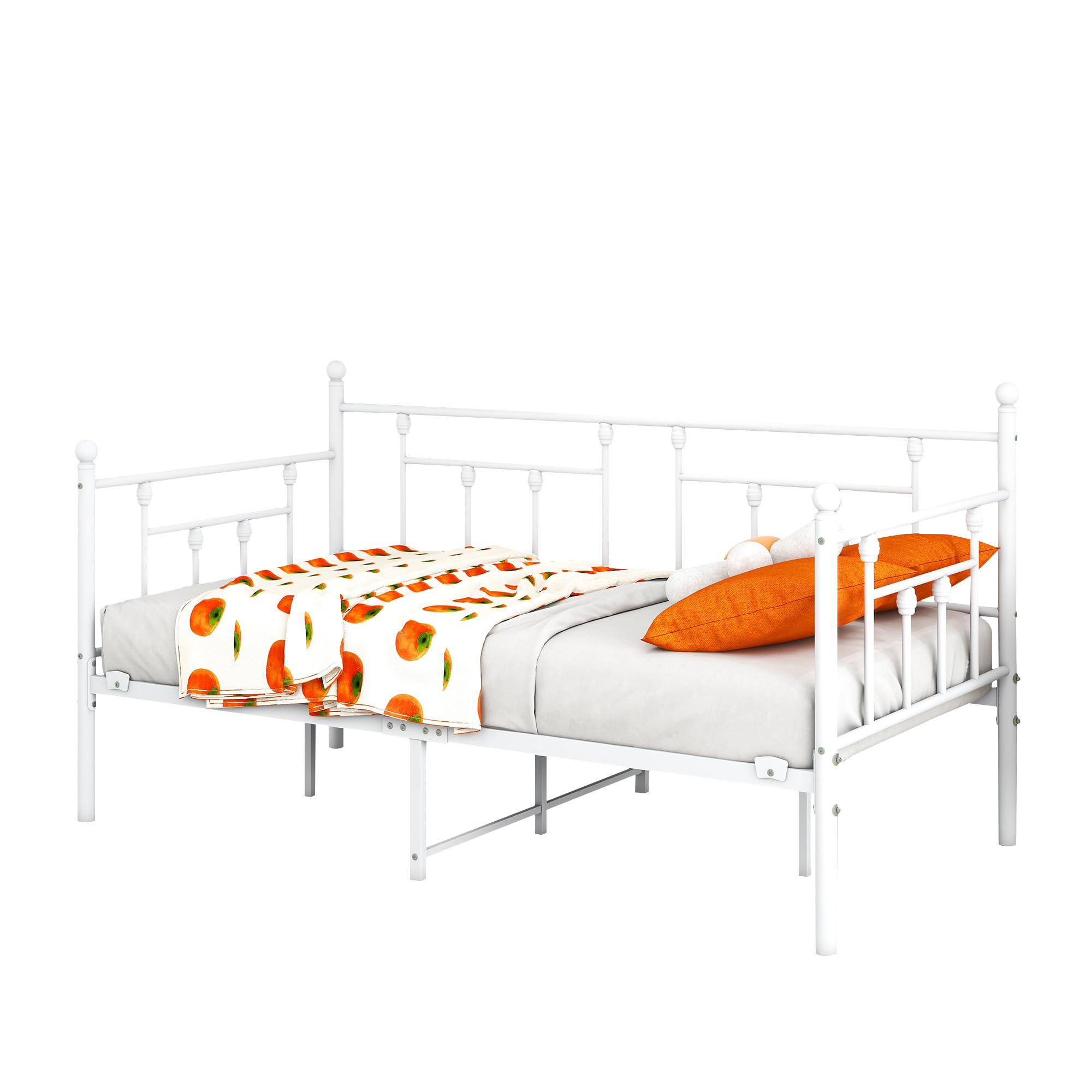 HAHRIR Metal Daybed Frame and Trundle Set Premium Steel Slat Support Daybed and Roll Sofa Bed (Shiny White, Twin)