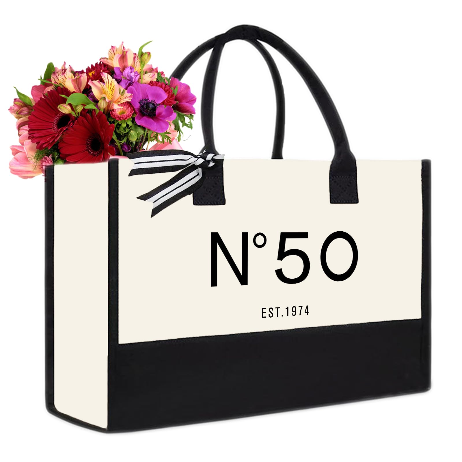 QLSKO 50th Birthday Gift Canvas Tote Bag for Women,N°50 EST.1974 Keepsake Beach Bag 50 Party Birthday Idea Present for Her Fifty