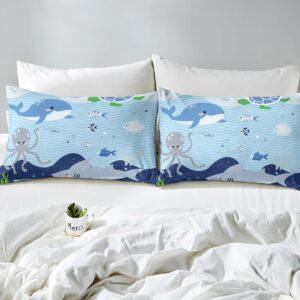 Shark and Whale Fitted Sheet,Full Size Cartoon Sea Animal Collections Octopus Turtle Theme,Soft Decorative Fabric Bedding Deep Pocket for Children Teens Young Boys Girls,with 2 Pillowcases