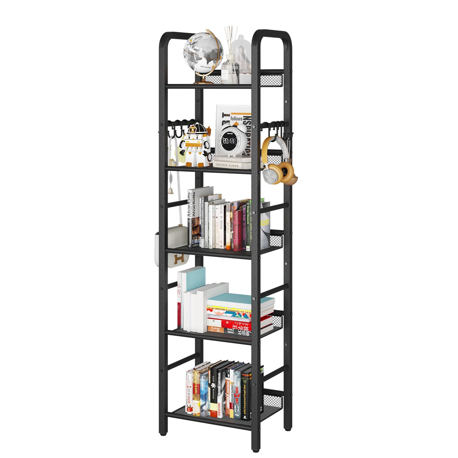 YMYNY 5 Tier Bookshelf, Freestanding Bookcase for Living Room, Bedroom, Home Office, Multi-Functional Storage Rack Organizer, Display Rack with Metal Frame, Rust Resistance, Black, UHBC055B