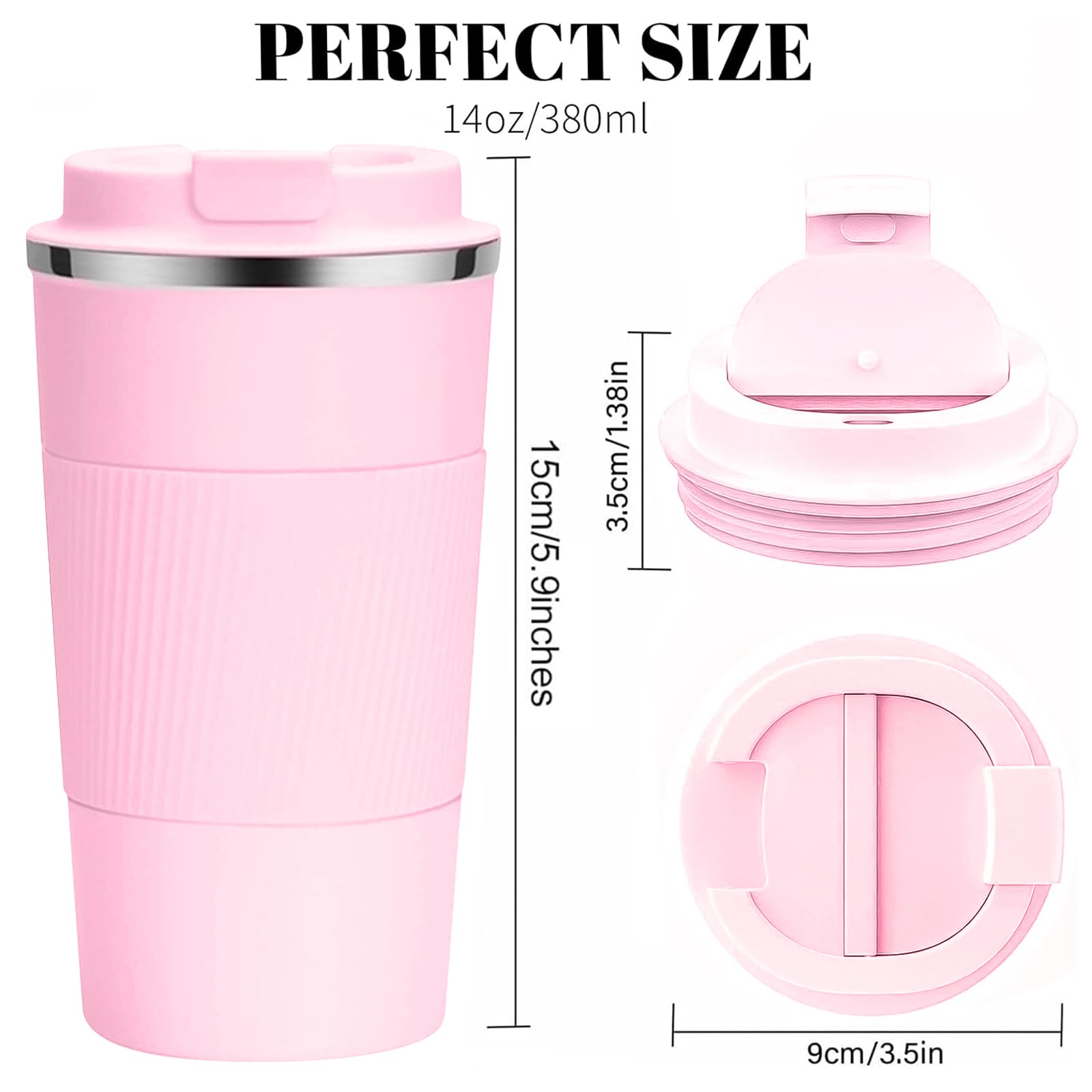 YINBAOGE Insulated Travel Coffee Mug Spill Proof Leak Proof Pobtable To Go Camping Stainless Steel Coffee Tumbler Reusable Coffee Cups with Lids Thermos for Hot and Cold Drink (Pink, 12 OZ)