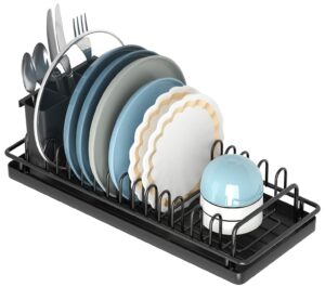 giwil small dish drying rack, compact dish rack with silicone tray and caddy, multifunctional dish drainer sink drying rack for kitchen counter & over the sink, stainless stell, black