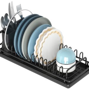 Giwil Small Dish Drying Rack, Compact Dish Rack with Silicone Tray and Caddy, Multifunctional Dish Drainer Sink Drying Rack for Kitchen Counter & Over The Sink, Stainless Stell, Black