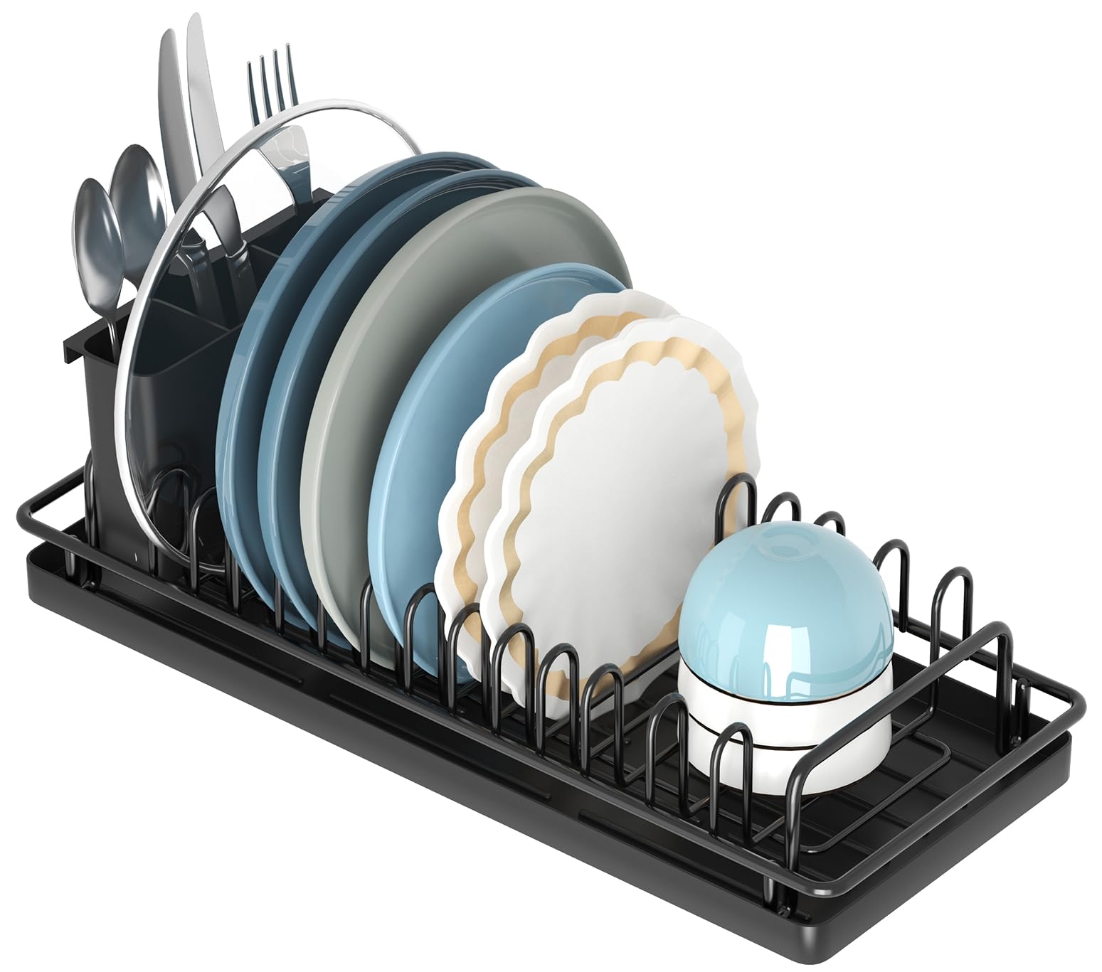 Giwil Small Dish Drying Rack, Compact Dish Rack with Silicone Tray and Caddy, Multifunctional Dish Drainer Sink Drying Rack for Kitchen Counter & Over The Sink, Stainless Stell, Black