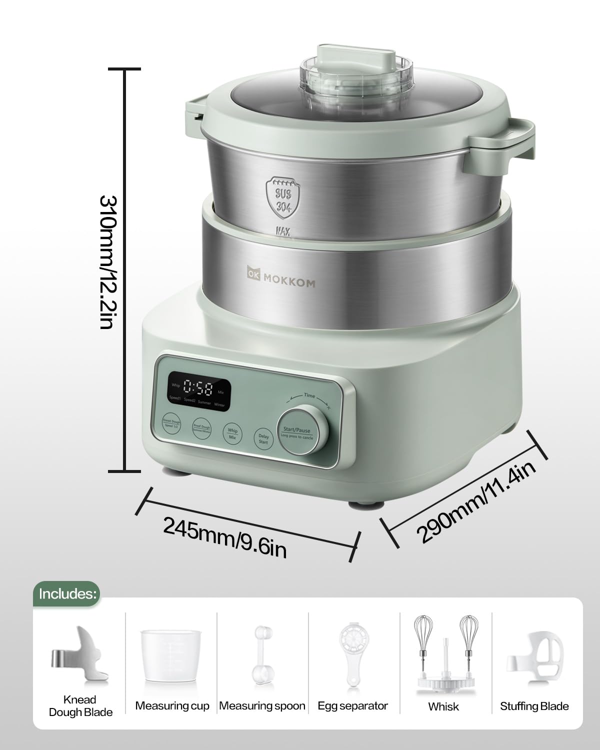 MOKKOM Electric Dough Maker with Proof Dough Function, Microcomputer Timing, 4.5Qt 304 Stainless Steel Bowl, Dough Mixer with Stuffing Blade, Green