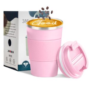 yinbaoge insulated travel coffee mug spill proof leak proof pobtable to go camping stainless steel coffee tumbler reusable coffee cups with lids thermos for hot and cold drink (pink, 12 oz)