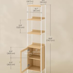 VASAGLE 6-Tier Bookcase, Slim Bookshelf with PC Door, Freestanding Storage Shelf with Metal Frame, Adjustable Shelf, for Living Room, Oak Beige and Pearl White ULLS123W57