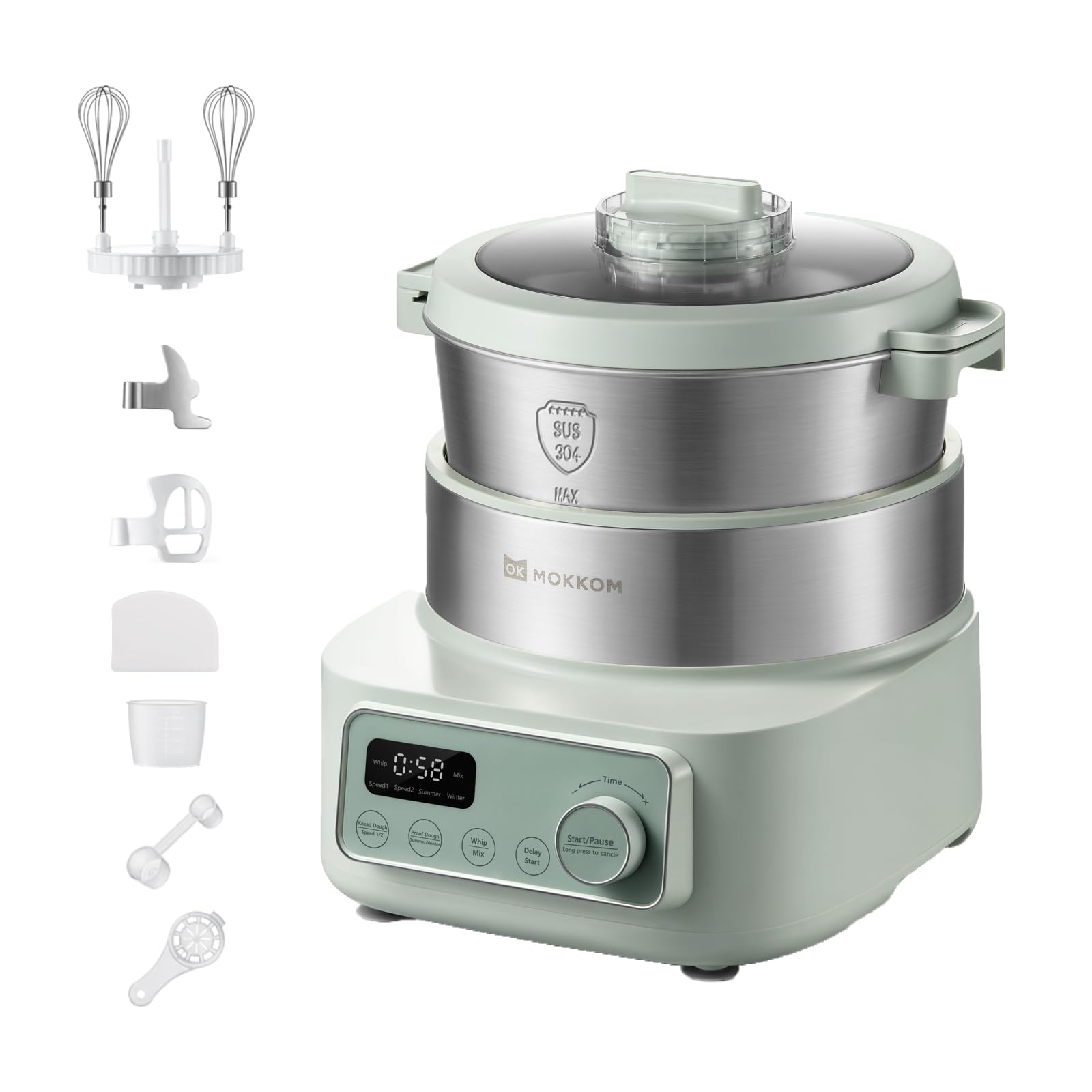 MOKKOM Electric Dough Maker with Proof Dough Function, Microcomputer Timing, 4.5Qt 304 Stainless Steel Bowl, Dough Mixer with Stuffing Blade, Green