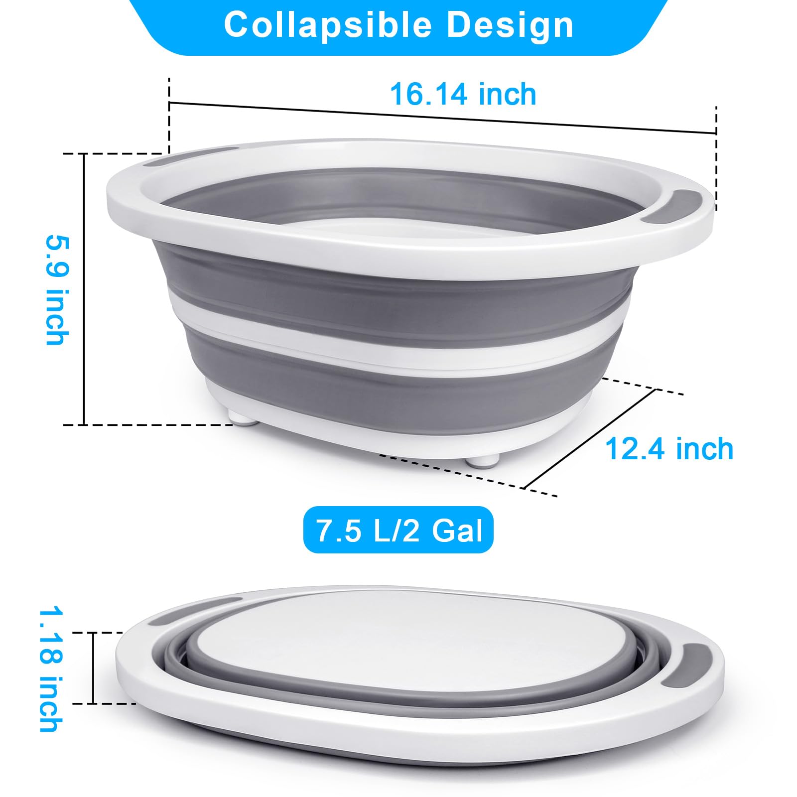 Collapsible Wash Basin, 7.5L Dish Tub Sink Basin Folding Dish Pans for Kitchen Sink, 2-in-1 Dishpan + Cutting Board, Portable Sink Dish Basin for Camping BBQ Prep Tub Washing Bin Bucket for Cleaning