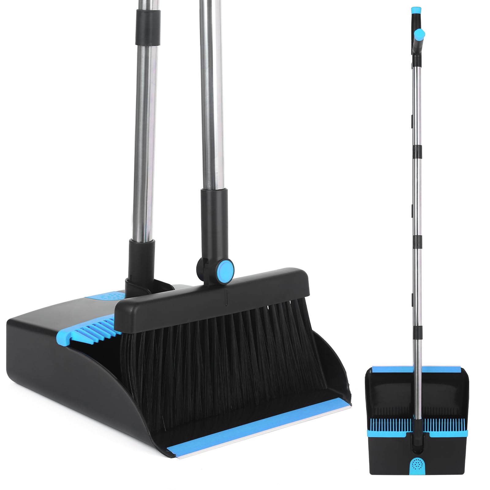 VOOWO Broom with Dustpan Combo Set, Broom and Dustpan Set for Home, Kitchen Broom for Sweeping Indoor Outdoor, Dust Pan with Long Handle, Broom with Dustpan for Office Lobby Floor Cleaning (Blue)