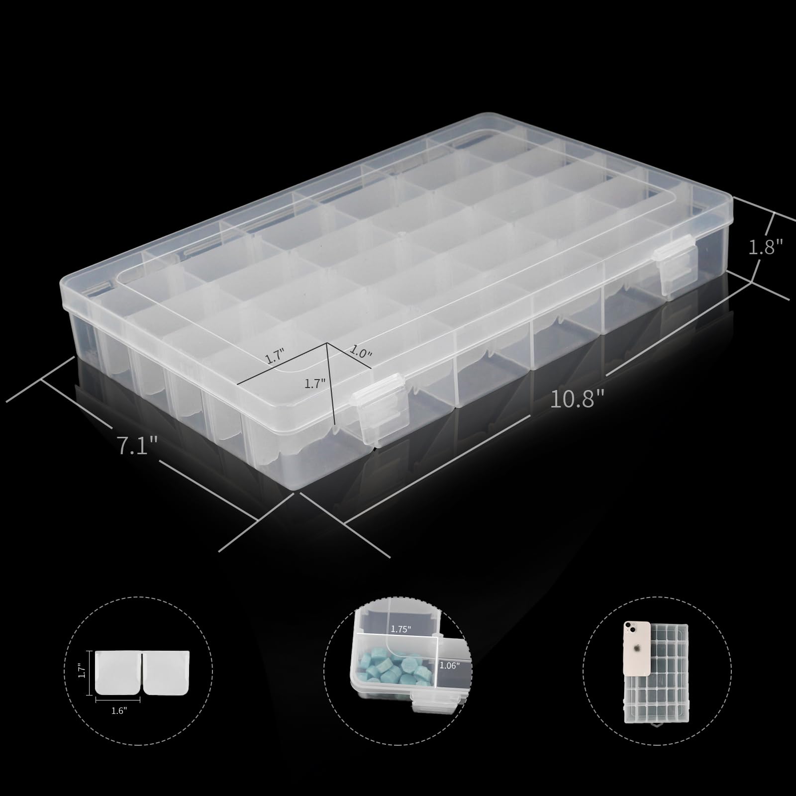 Rinrda 3 Pack 36 Grids Clear Plastic Organizer Box with Adjustable Dividers - Small Craft Organizers and Storage,Bead organizer,Small Storage Containers,Jewerlry,Nail,Fishing Tackle