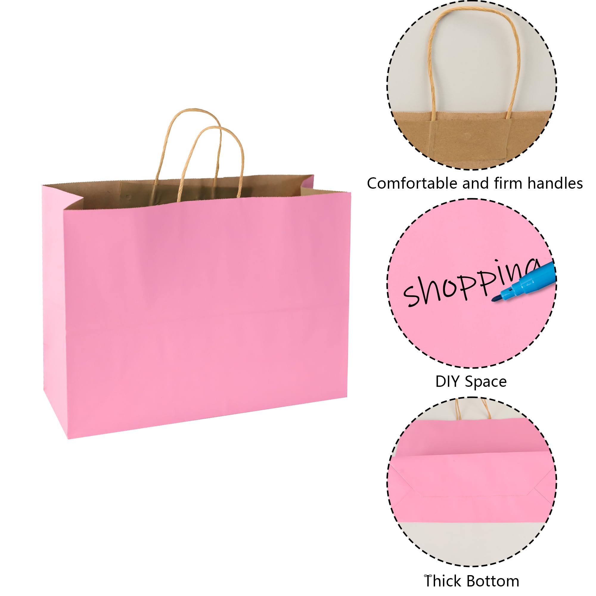 BLEWINDZ 70Pcs Pink Gift Bags Large 16x6x12 Inches Kraft Paper Bags with Handles Bulk – Goodie Bags Shopping Bags for Grocery Merchandise