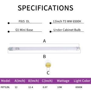 Accway (6 Pack) F8T5/DL 6500K 12’’ Linear Fluorescent Light Bulb, 8W Day Light T5 Tube, F8T5/D Bright White Lamp G5 Base Replacement for Under Cabinet Light, RV, Closet