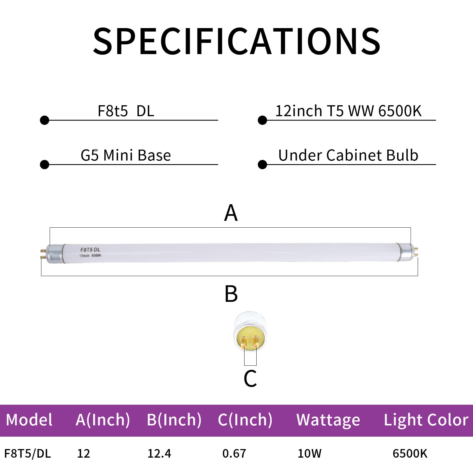 Accway (6 Pack) F8T5/DL 6500K 12’’ Linear Fluorescent Light Bulb, 8W Day Light T5 Tube, F8T5/D Bright White Lamp G5 Base Replacement for Under Cabinet Light, RV, Closet