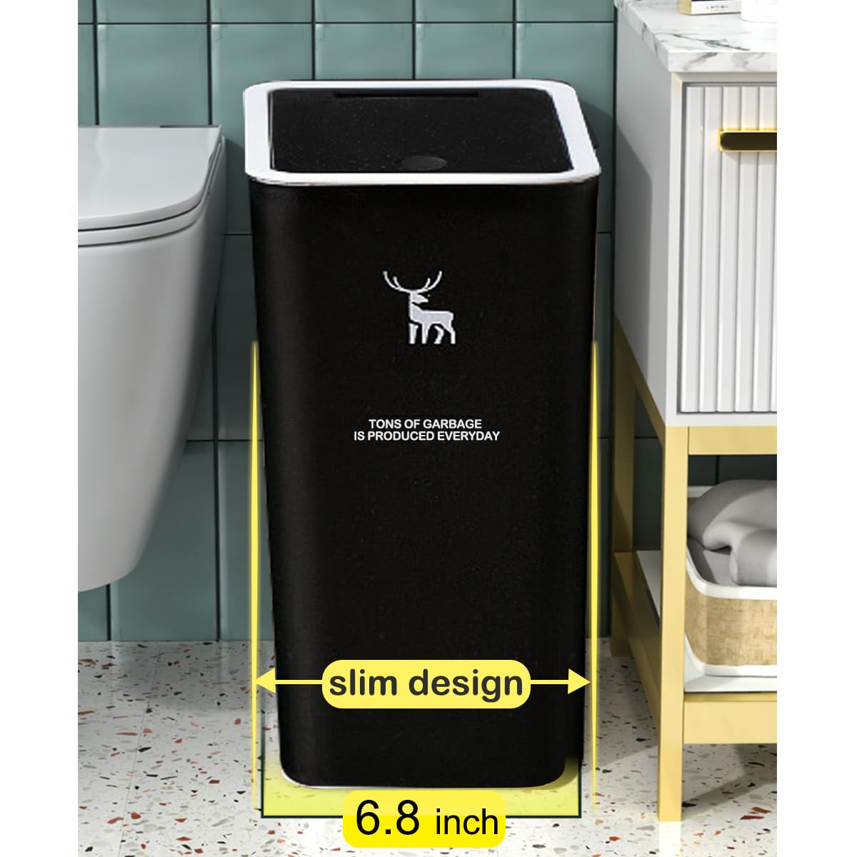 COMODID Trash Can with Lid, 2 Pack 4 Gallons/15 Liters Garbage Can with Press Top, Small Trash Can Dog Proof, Plastic Trash Bin, Waste Basket for Bathroom|Kitchen|Bedroom|Office (2, Black)