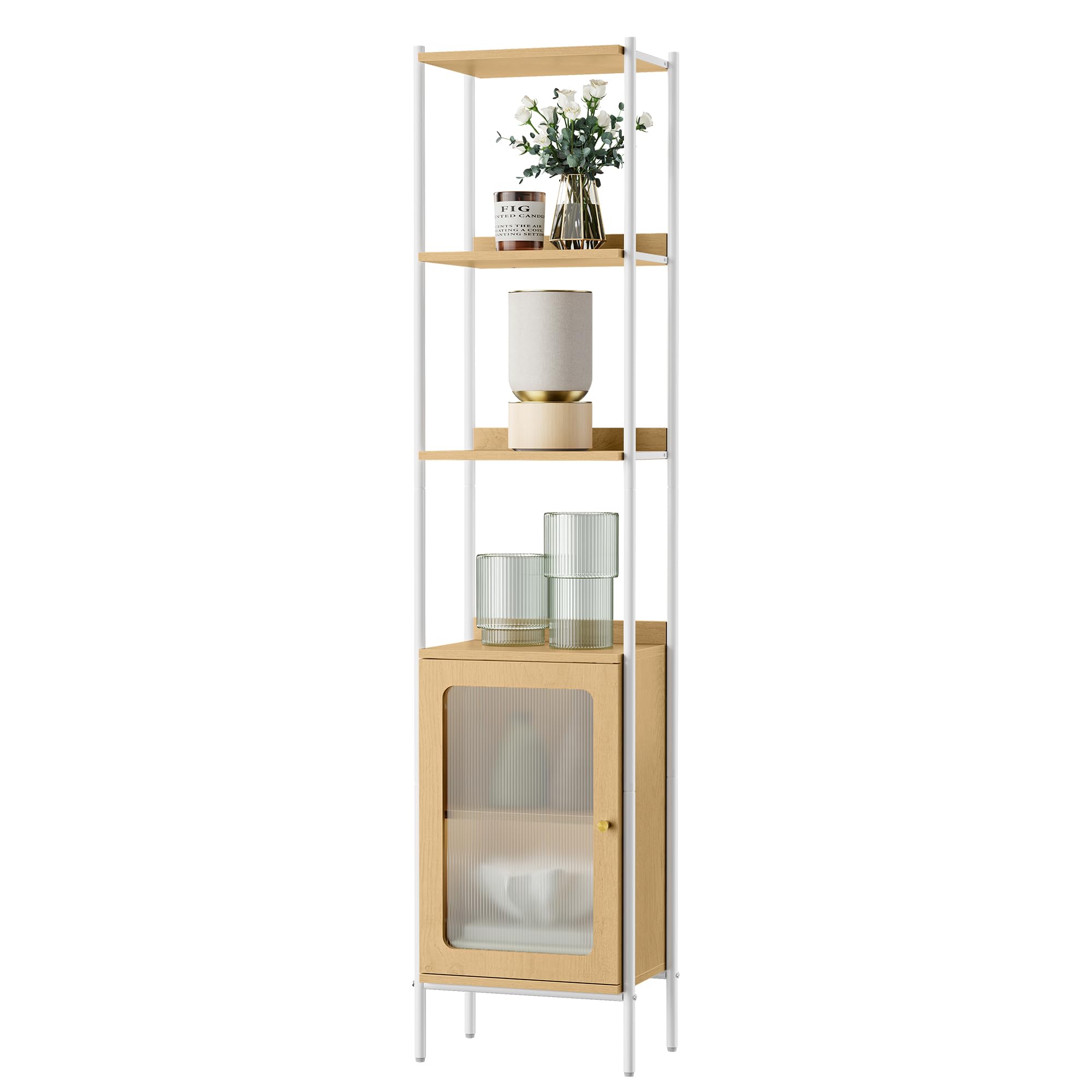 VASAGLE 6-Tier Bookcase, Slim Bookshelf with PC Door, Freestanding Storage Shelf with Metal Frame, Adjustable Shelf, for Living Room, Oak Beige and Pearl White ULLS123W57