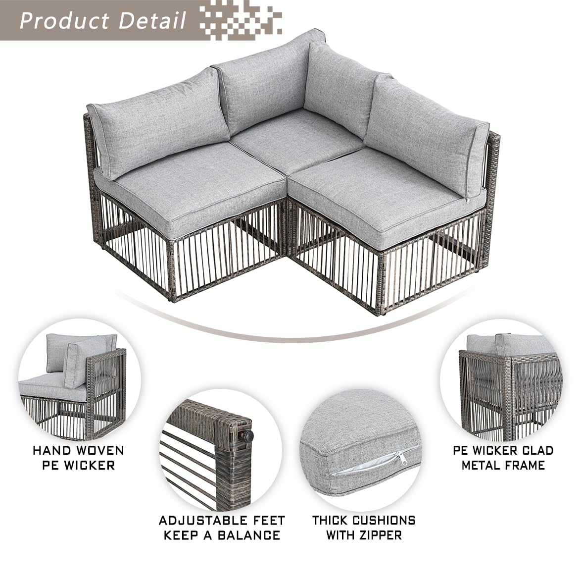 Festival Depot 3 Pieces Patio Conversation Set Sectional Corner Sofa Combination Outdoor Furniture All-Weather Wicker Metal Armless Chairs with Seating Back Cushions Garden Deck Poolside (Grey)