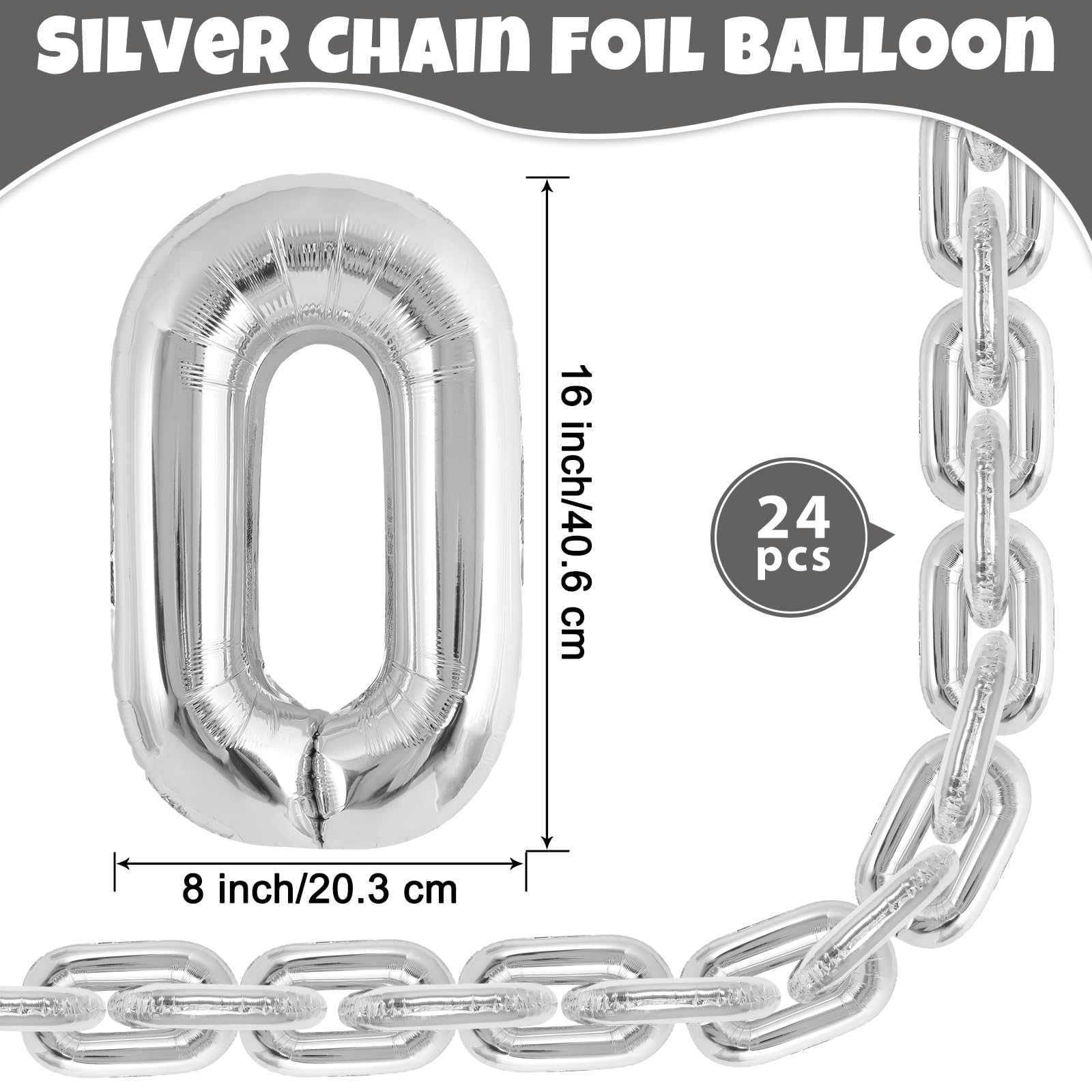 24 Pcs Chain Balloons,Giant Silver Chain Balloons Garland,16 inch Foil Chain Balloons for 80s 90s Party Decorations Birthdays Weddings Graduations Hip Hop Retro Theme Party Supplies (Silver)