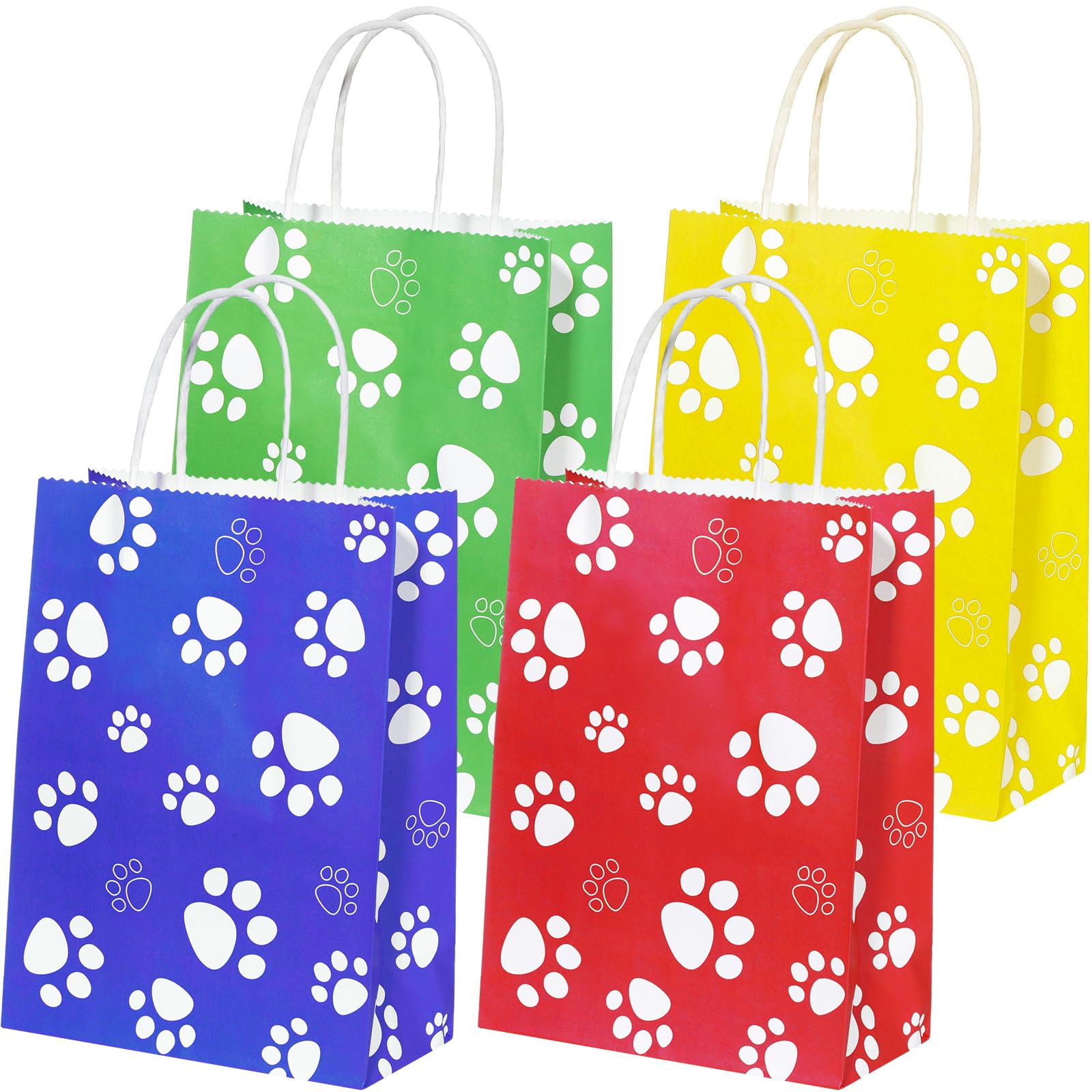 Capoda 24 Pcs Dog Print Bags with Handle Paw 8.7 x 6.3 x 3.2 Inch Paper Gift Bags Red Green Yellow Blue Cat Paw Candy Bags Puppy Dog Shopping Bags Bulk for Dog Cat Birthday Pet Party Favor Supplies