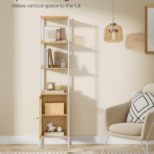 VASAGLE 6-Tier Bookcase, Slim Bookshelf with PC Door, Freestanding Storage Shelf with Metal Frame, Adjustable Shelf, for Living Room, Oak Beige and Pearl White ULLS123W57