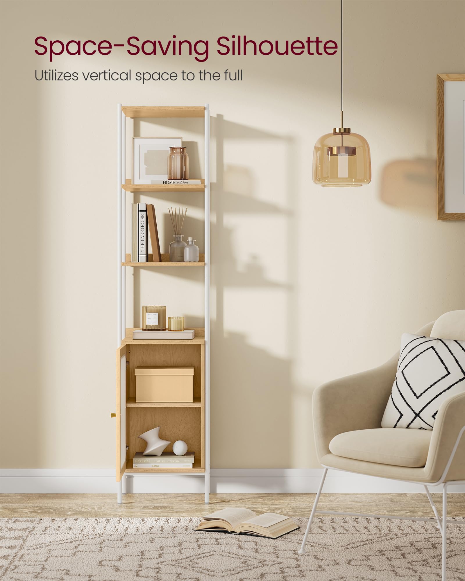 VASAGLE 6-Tier Bookcase, Slim Bookshelf with PC Door, Freestanding Storage Shelf with Metal Frame, Adjustable Shelf, for Living Room, Oak Beige and Pearl White ULLS123W57