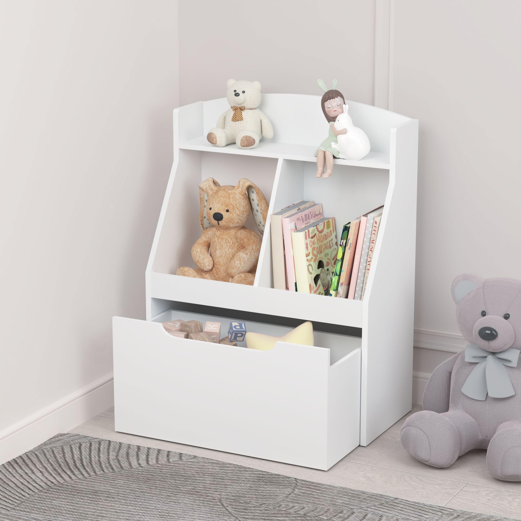 Small Kids Bookcase with Drawers,White Toy Storage Organizer with Bookshelf for Playroom Furniture,Kids Bedroom Nursery,Living Room