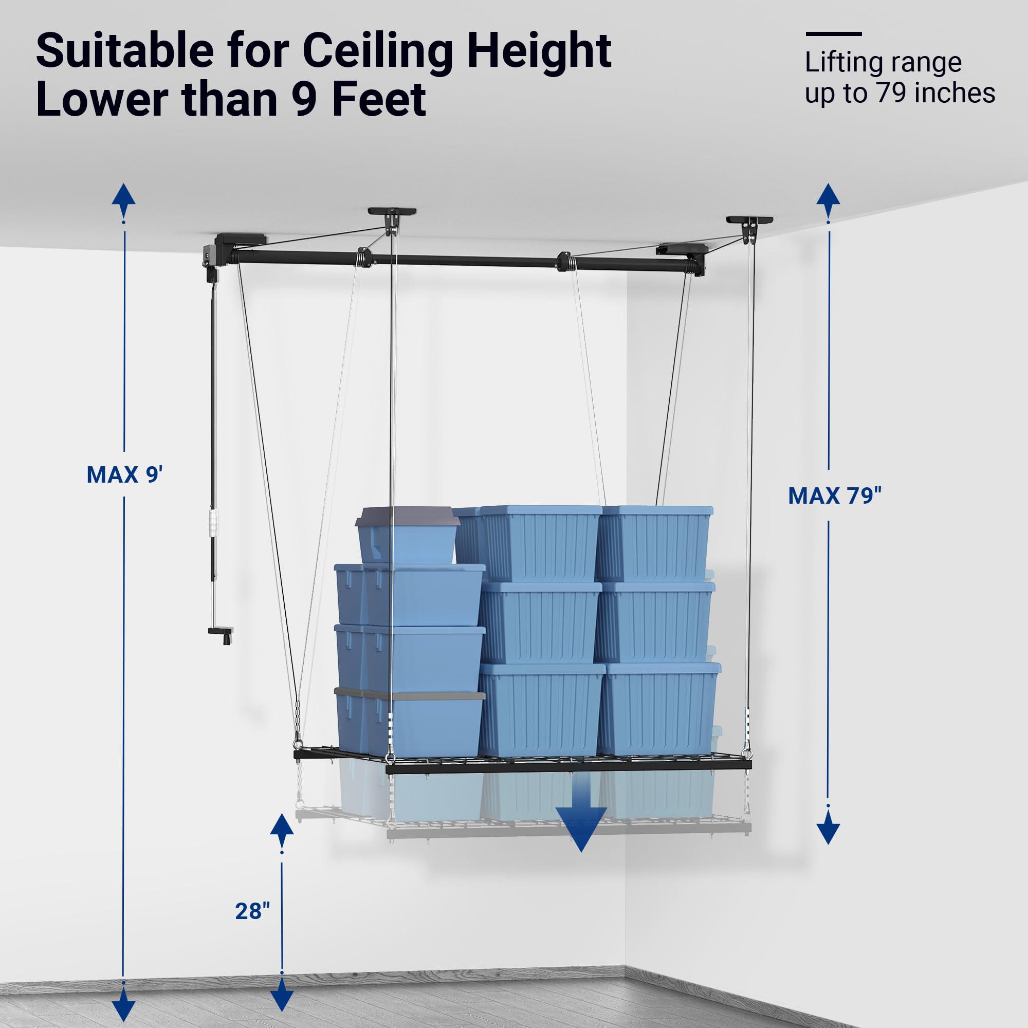 FLEXIMOUNTS GL1 Overhead Garage Lifting Storage Rack, 4x4 Ft Heavy-Duty Metal Garage Ceiling Rack, Adjustable Organization System, 300lbs Weight, Black