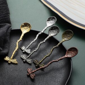 Gold Retro Dragonfly Spoon Coffee Spoon Teaspoon Stainless Steel Tableware Creative Sugar Spoon Tea Spoon Stir Bar Spoon Stirring Spoon, Dessert Spoon, Cake Spoon, Long Handle Spoon Kitchen Gadget Des