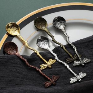 Gold Retro Dragonfly Spoon Coffee Spoon Teaspoon Stainless Steel Tableware Creative Sugar Spoon Tea Spoon Stir Bar Spoon Stirring Spoon, Dessert Spoon, Cake Spoon, Long Handle Spoon Kitchen Gadget Des