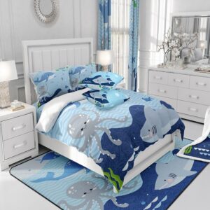 Shark and Whale Fitted Sheet,Full Size Cartoon Sea Animal Collections Octopus Turtle Theme,Soft Decorative Fabric Bedding Deep Pocket for Children Teens Young Boys Girls,with 2 Pillowcases