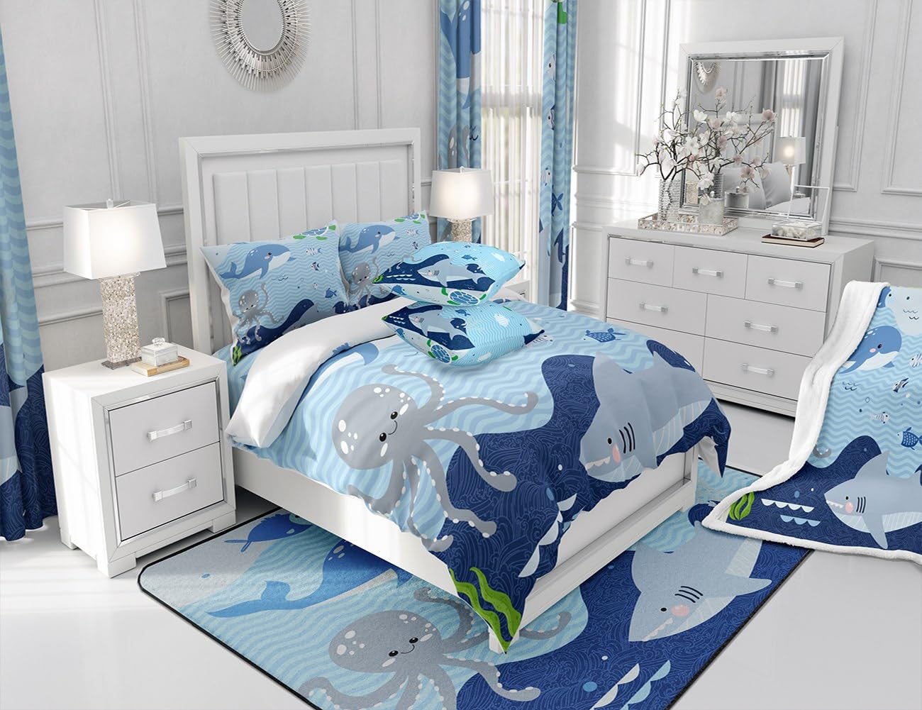 Shark and Whale Fitted Sheet,Full Size Cartoon Sea Animal Collections Octopus Turtle Theme,Soft Decorative Fabric Bedding Deep Pocket for Children Teens Young Boys Girls,with 2 Pillowcases