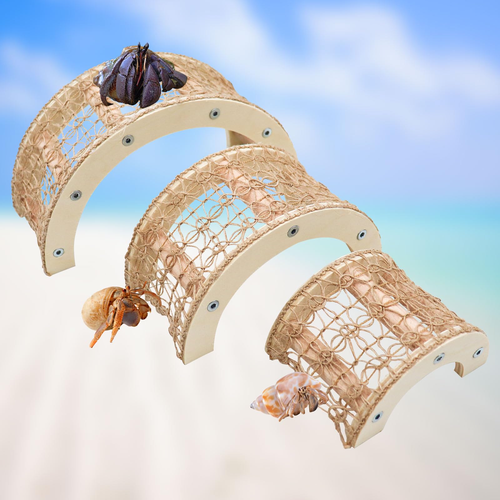 3 Pcs Hermit Crabs Climbing Toys, Natural Wooden and Hemp Rope Climbing Bridge, Hermit Crab Supplies, Reptile Cage or Tank Accessories for Medium or Large Hermit Crab Habitat