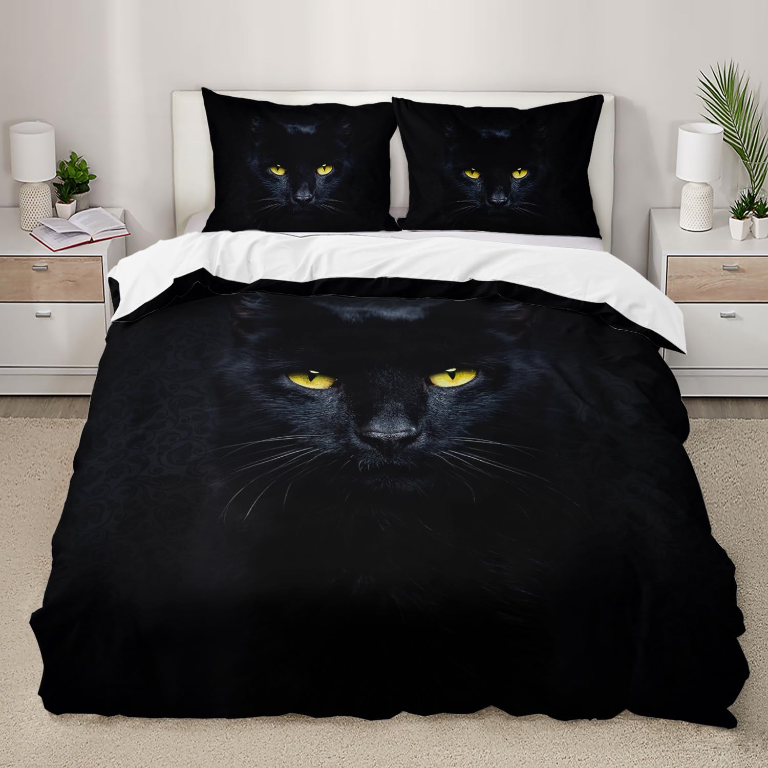 AILONEN Cat Duvet Cover Set Full Size, Black Cat Eyes Print Bedding Set,Pet Animals Cat Lovers Comforter Covet Set 3 Pieces, 1 Quilt Cover and 2 Pillowcases (No Comforter)