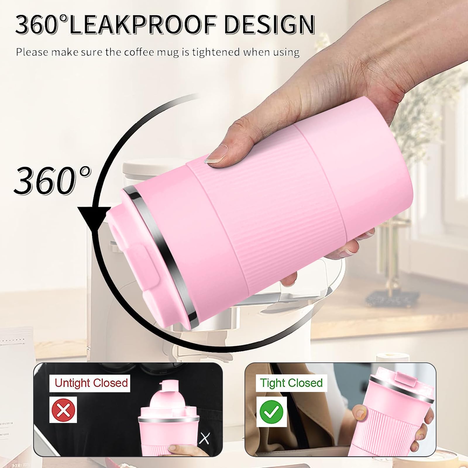 YINBAOGE Insulated Travel Coffee Mug Spill Proof Leak Proof Pobtable To Go Camping Stainless Steel Coffee Tumbler Reusable Coffee Cups with Lids Thermos for Hot and Cold Drink (Pink, 12 OZ)