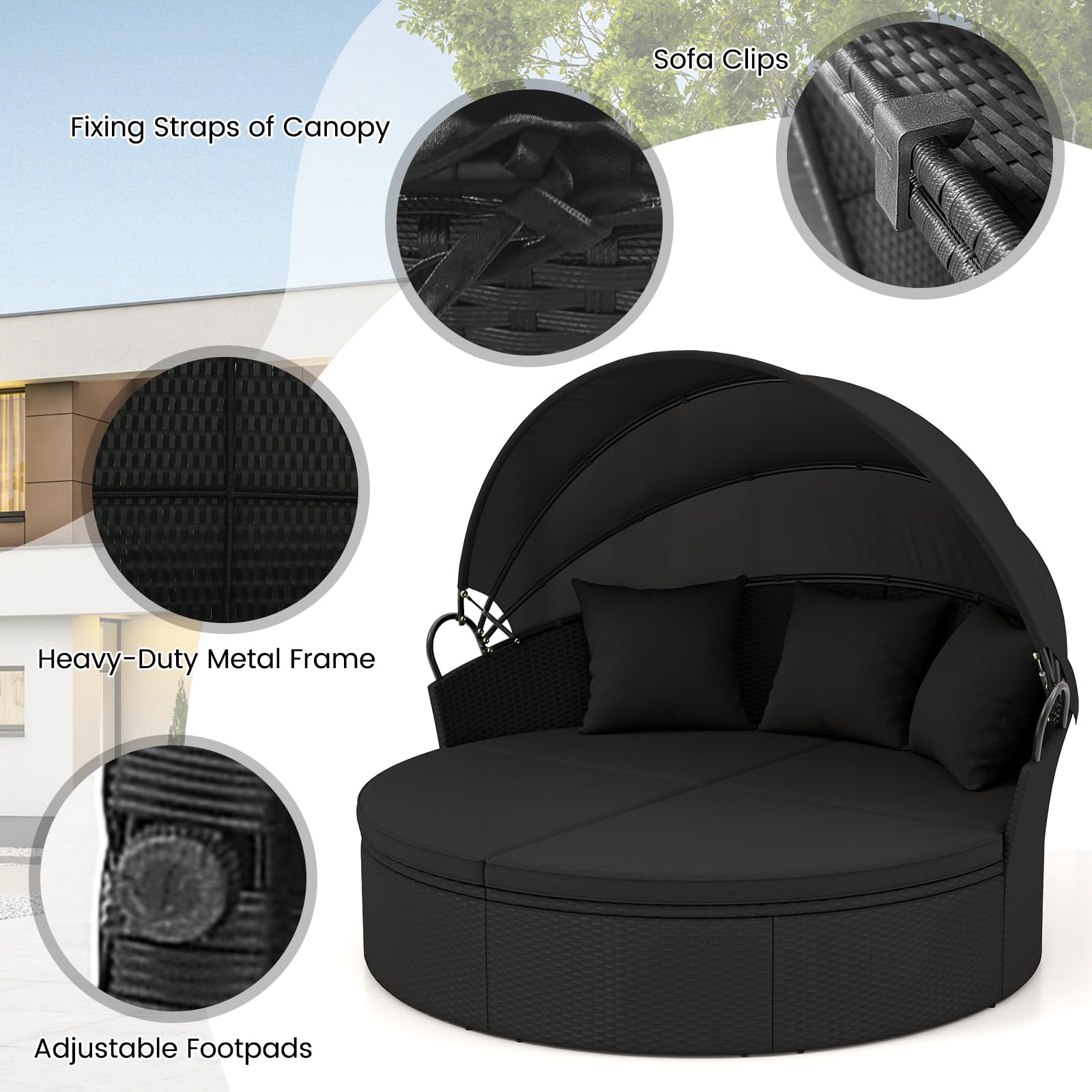 HAPPYGRILL Patio Round Daybed with Retractable Canopy, Separated Seating Sectional Wicker Sofa with Cushions & Pillows, Clamshell Daybed for Backyard Porch Poolside