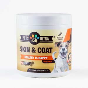 Pets Ultra Skin & Coat Supplement for Dogs 90 Shew Treats, Bacon Flavor, Flax Seed Oil Omega 3,6 and 9, Wild Alaska Salmon Oil,Biotin, Skin Allergy, Itch Relief, Hot Spots Treatment.