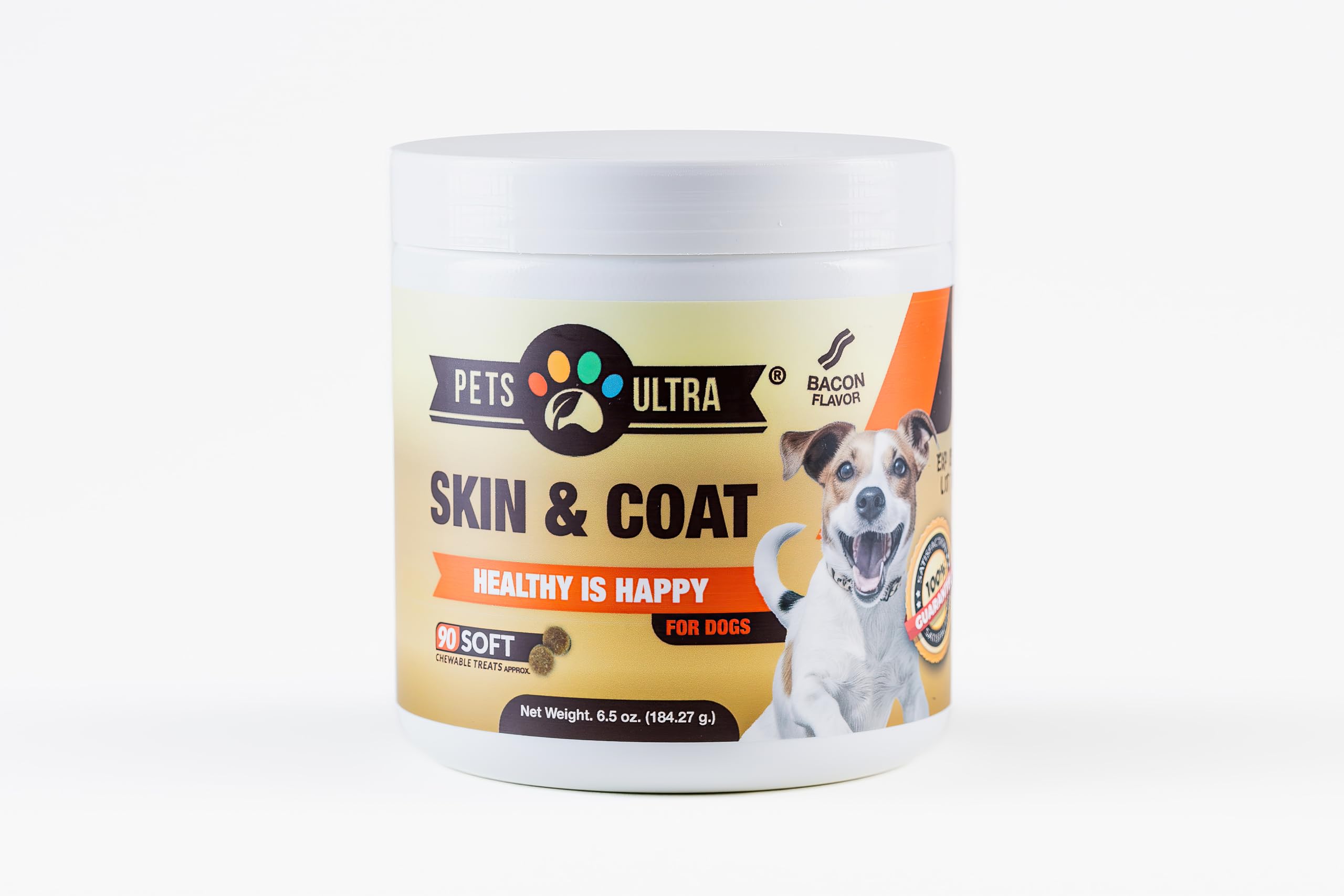 Pets Ultra Skin & Coat Supplement for Dogs 90 Shew Treats, Bacon Flavor, Flax Seed Oil Omega 3,6 and 9, Wild Alaska Salmon Oil,Biotin, Skin Allergy, Itch Relief, Hot Spots Treatment.