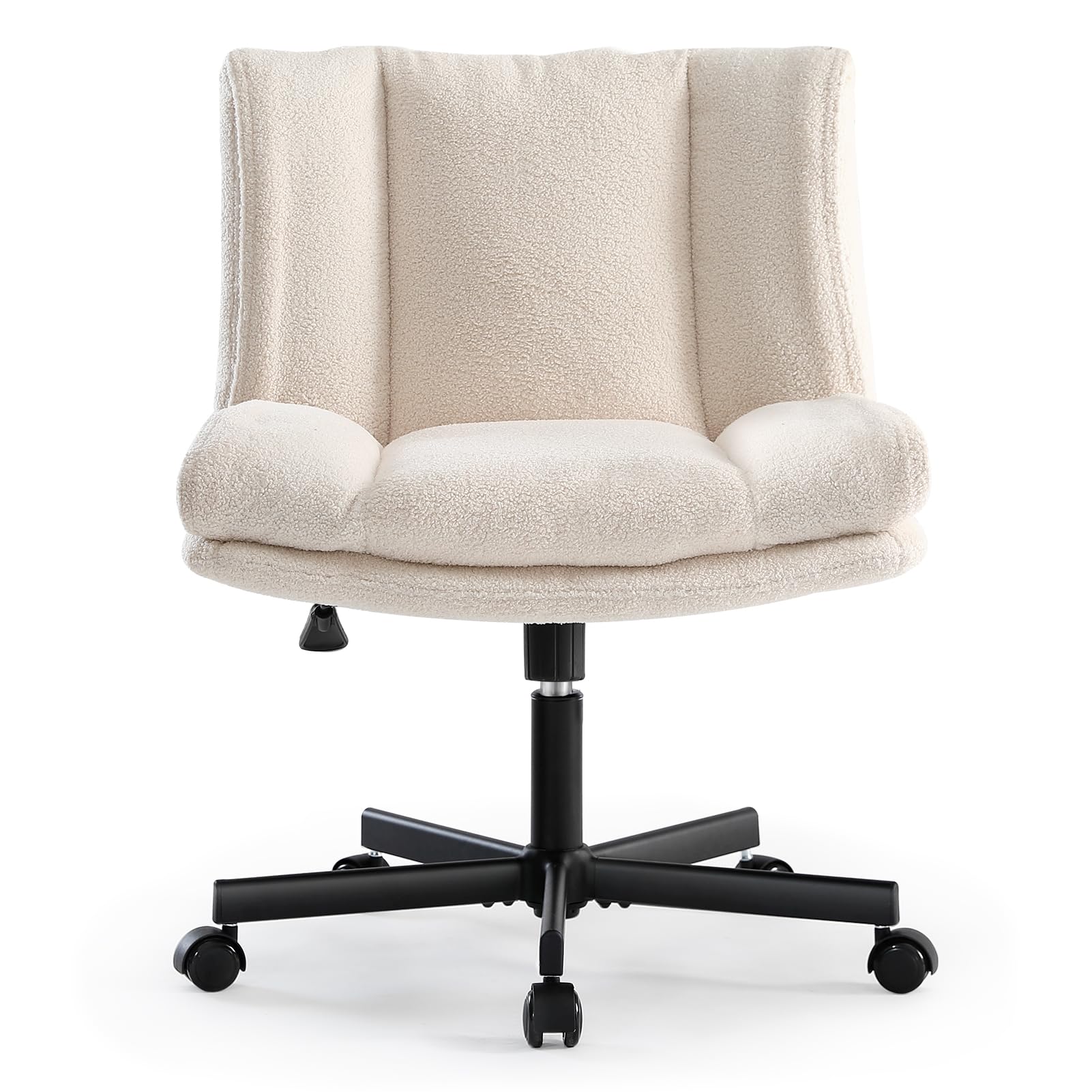 LEAGOO Criss Cross Chair with Wheels, Furry Armless Desk Chair, Comfy Wide Seat Cross Legged Office Chair, Stylish Height Adjustable Cute Swivel Vanity Chair for Home Office, Make Up, Cream White