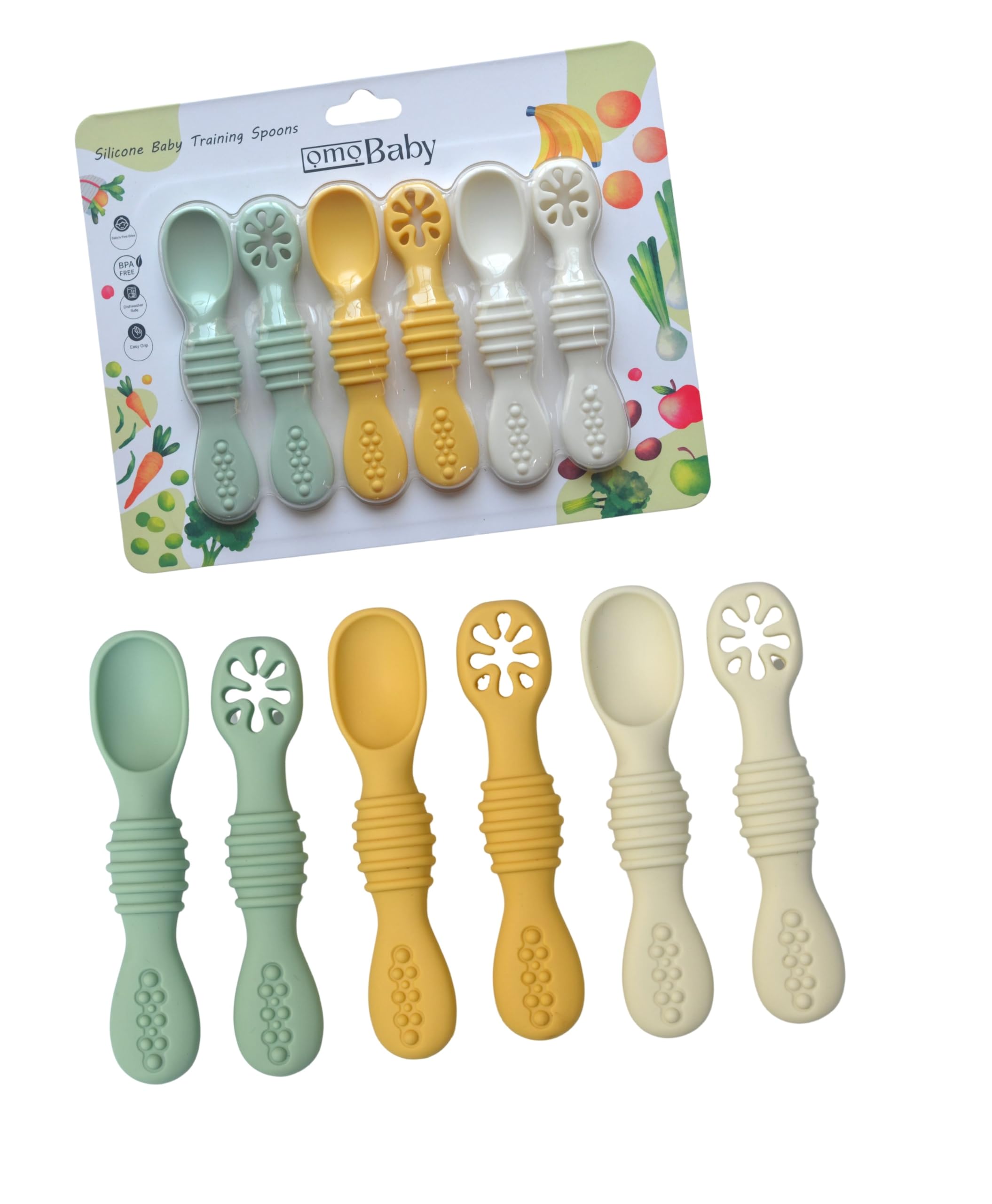 omoBaby 6 Pack Baby Led Weaning Silicone Spoons (Yellow)