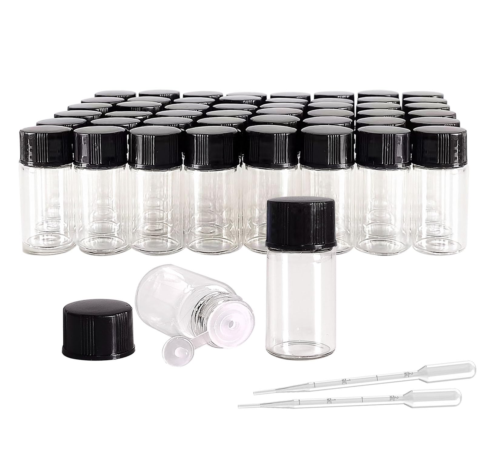 AGENIZ 50PCS 3ml Clear Glass Vials,Small Liquid Sample Bottle with Screw Caps and Plastic Stoppers,for Travel Mini Essential Oil Bottle, Sample Perfume Bottles (3ml)