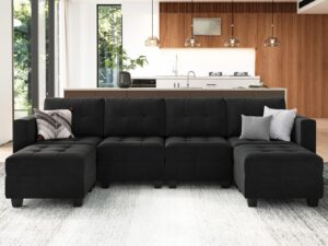 belffin modern u shaped modular sectional sofa with storage seats, 6 seats sleeper couch with reversible chaise, modular oversized sectional with ottomans, black