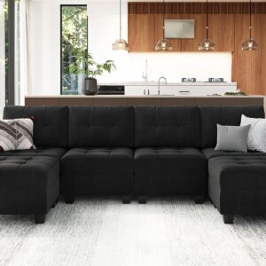 Belffin Modern U Shaped Modular Sectional Sofa with Storage Seats, 6 Seats Sleeper Couch with Reversible Chaise, Modular Oversized Sectional with Ottomans, Black