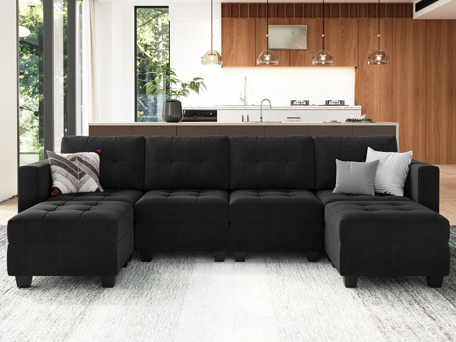 Belffin Modern U Shaped Modular Sectional Sofa with Storage Seats, 6 Seats Sleeper Couch with Reversible Chaise, Modular Oversized Sectional with Ottomans, Black